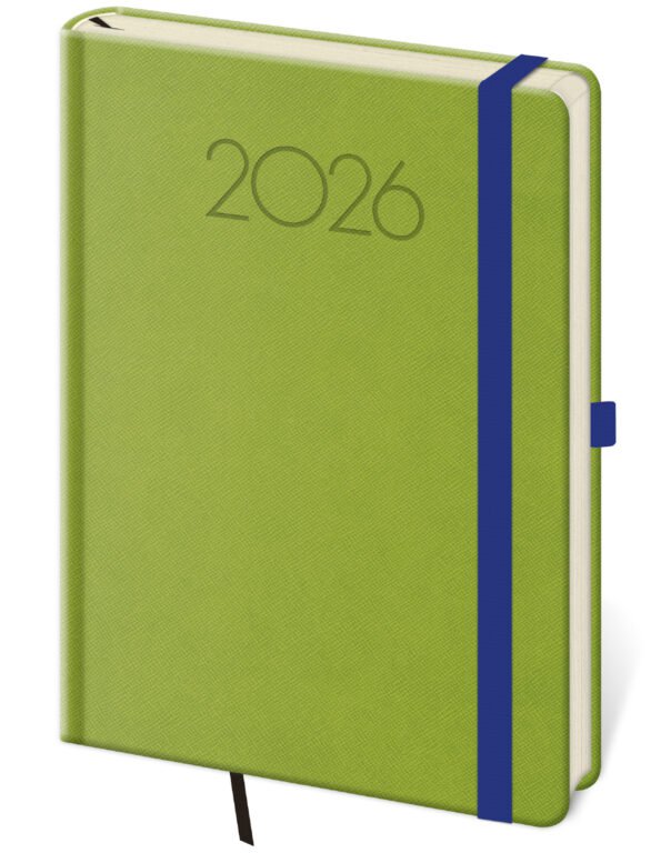 Diáre 2026, pracovné diáre - Týždenný diár A5 New Praga zelený s gumičkou