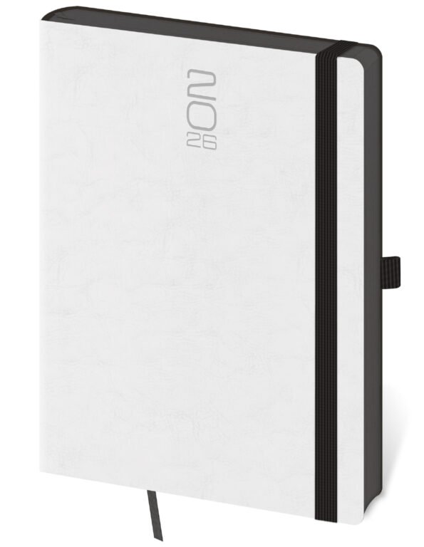 PRINT POP (matná koženka) - Týždenný diár A5 Memory biely s gumičkou