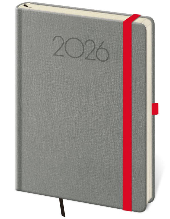 Diáre 2026, pracovné diáre - Denný diár A5 New Praga tmavo šedý s gumičkou