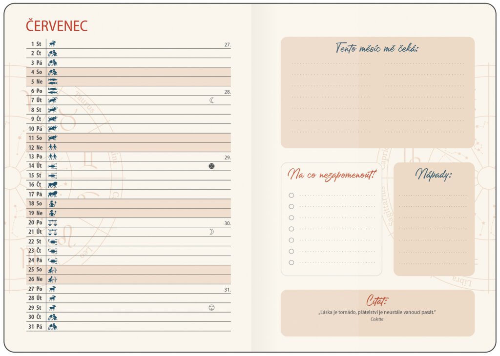 LUNÁRNÍ DIÁŘ - Týdenní diář B6 Lunární Luna s gumičkou