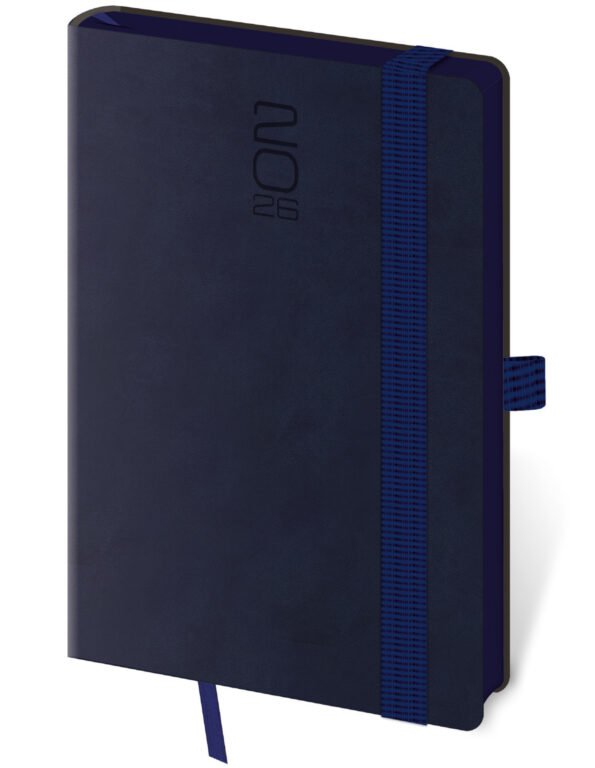 Diáre 2026, pracovné diáre - Vreckový diár Memory tmavo modrý s gumičkou
