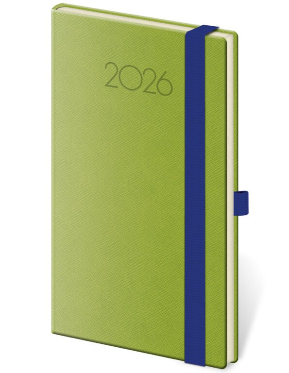 FLIP (s vyměnitelnou náplní) - Kapesní diář New Praga zelený s gumičkou