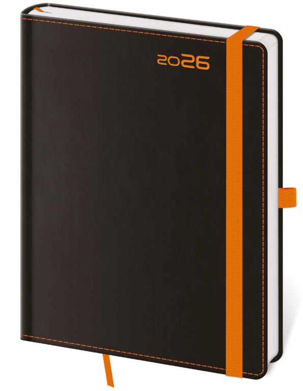 PRINT POP (matná koženka) - Týždenný diár A5 Black Orange s pútkom